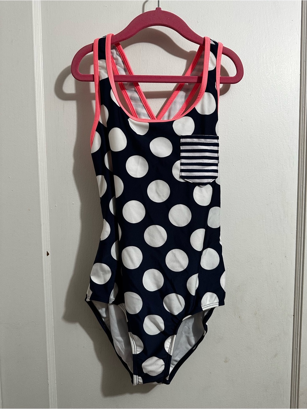 Cat & Jack Navy Polka Dot One-Piece Swimsuit with Pink Trim